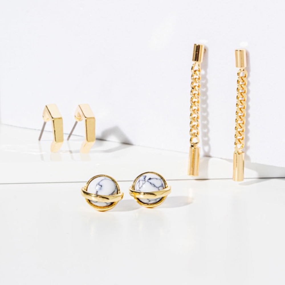 Gold and White Geometric Earrings with Crystal Accents